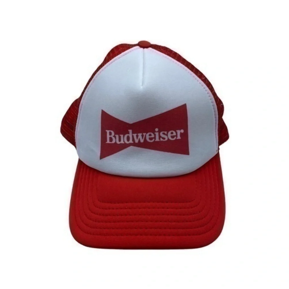 Budweiser Mens Truckers Hat Baseball Cap Mesh Red White Logo Snapback Mesh